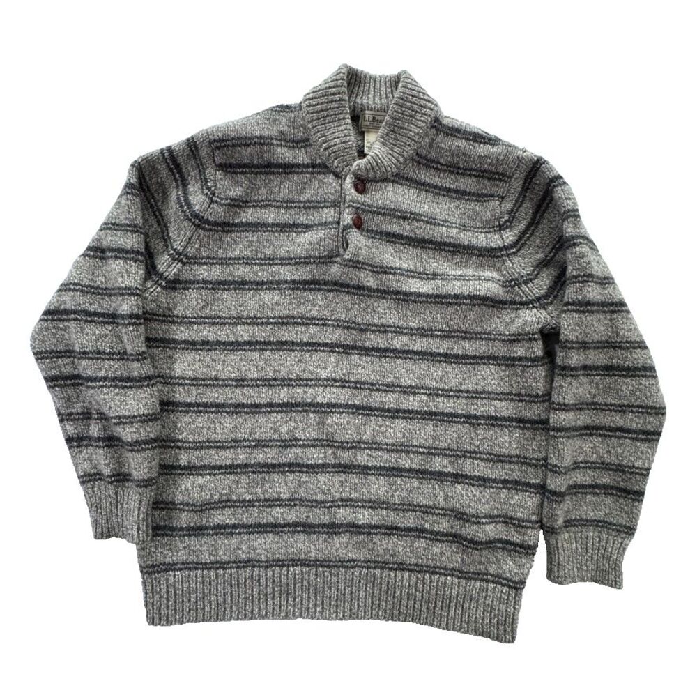 LL Bean 100% Lambs Wool Pullover Men’s Henley Ragg Sweater Size XL Gray Striped